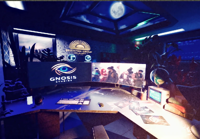 Wide high-angle view of the Gnosis workspace and portfolio desk setup.