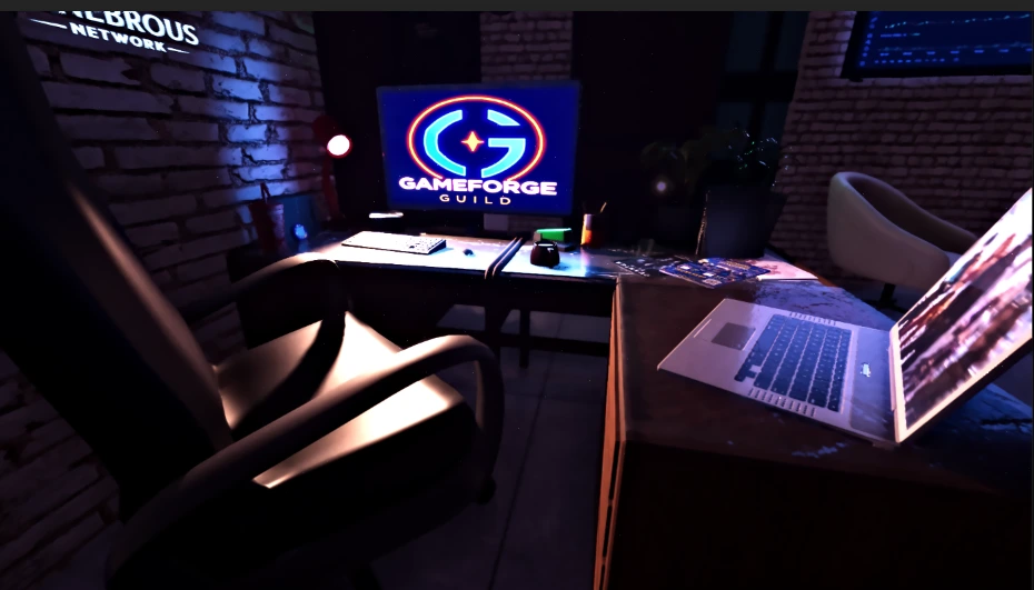 Brighton Group desk and wall branding in a polished studio workspace.