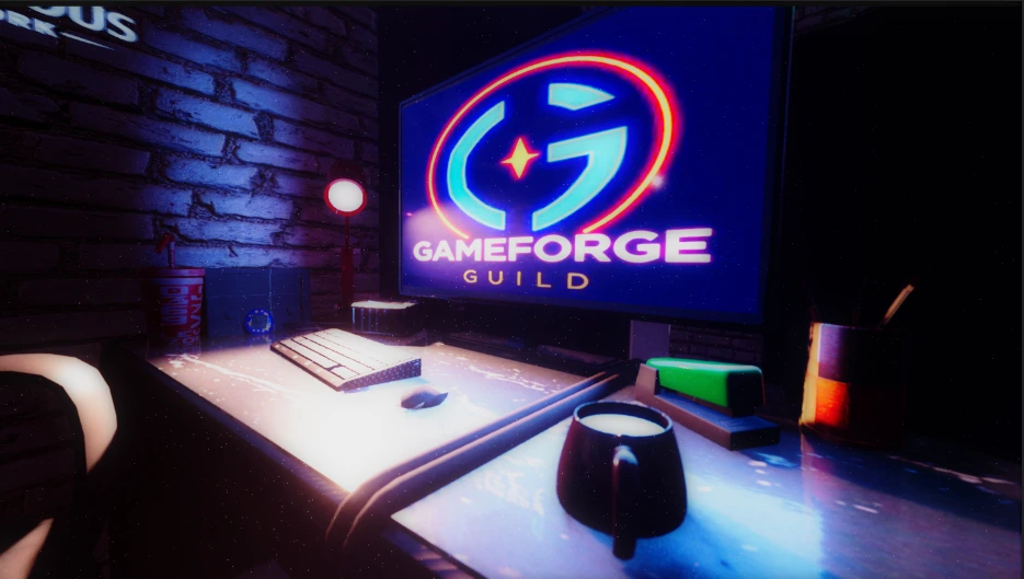 Close-up GameForge desk scene with creative development materials and hardware.