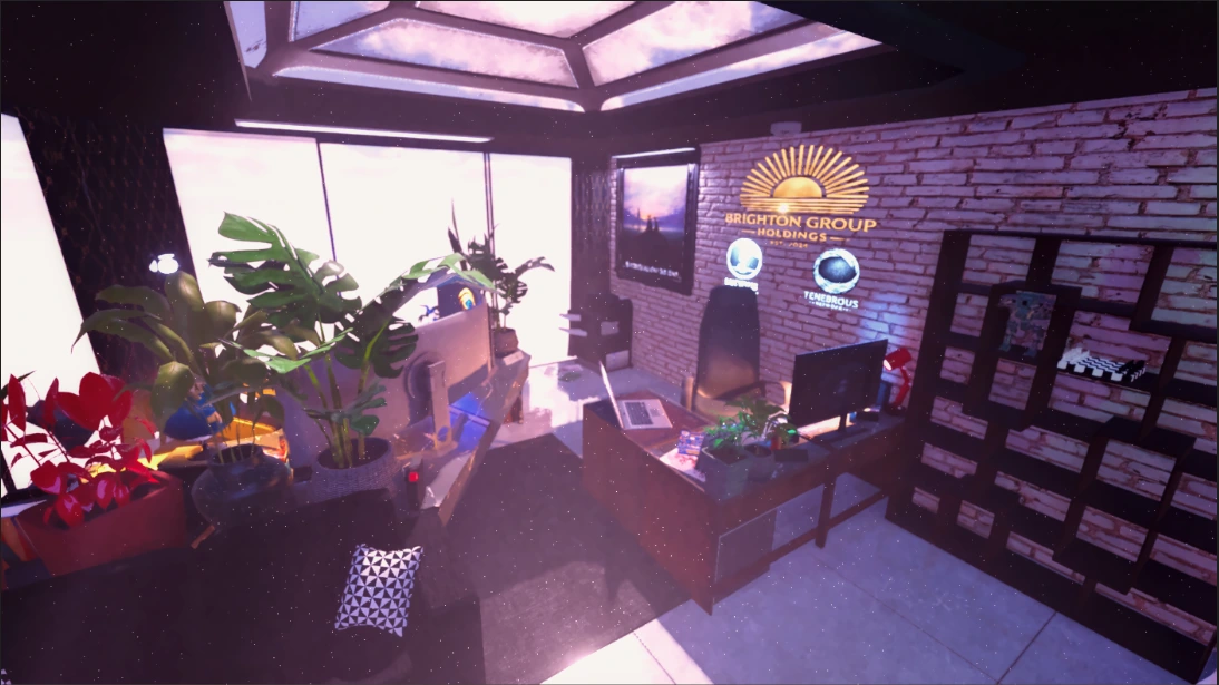 Blue night office workstation with monitors and atmospheric creative lighting.