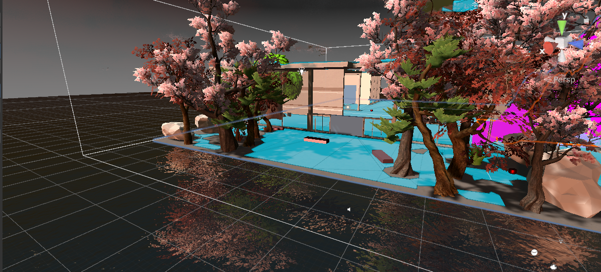 WritingAI development view showing sakura trees and water reflection