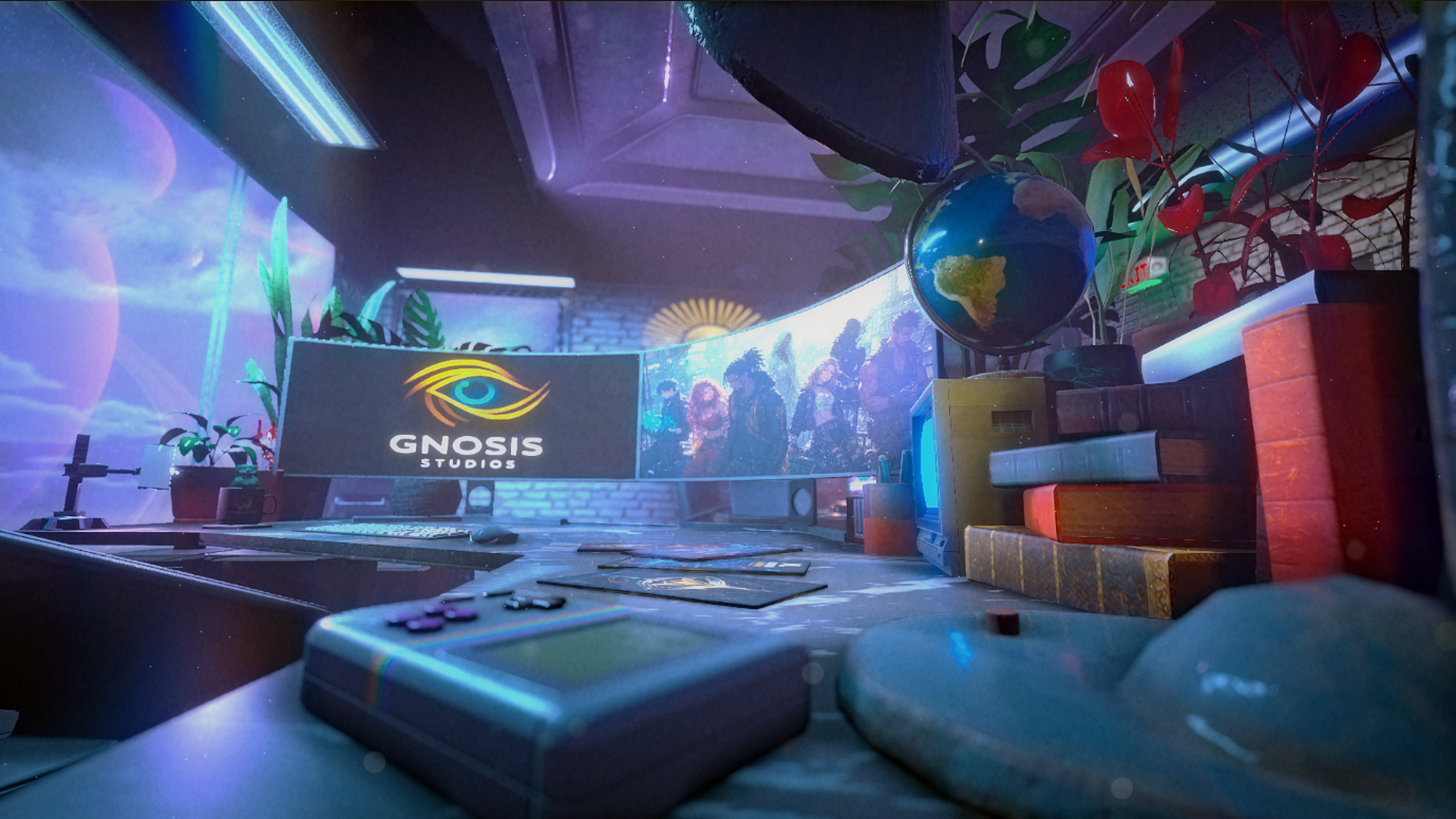 Cinematic Gnosis Studios UK digital studio desk artwork with blue and gold lighting